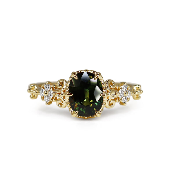 18ct Yellow Gold Green Sapphire and Diamond Ring
