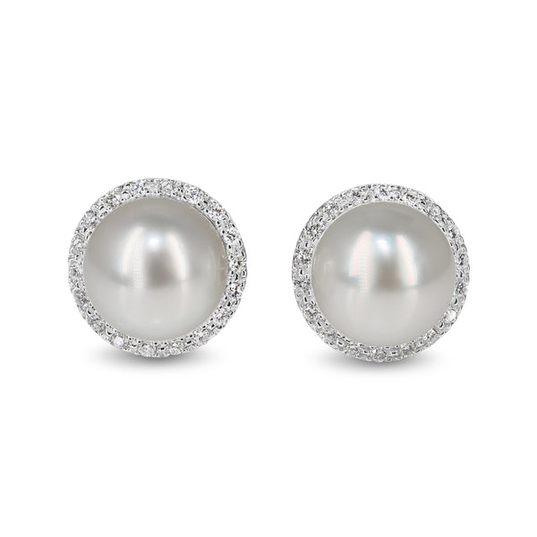 18ct White Gold 10.5mm South Sea Pearls and Diamond Halo Stud Earrings