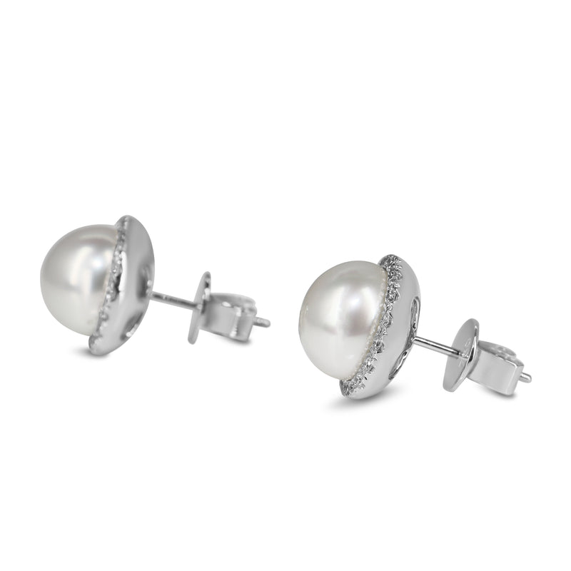 18ct White Gold 10.5mm South Sea Pearls and Diamond Halo Stud Earrings