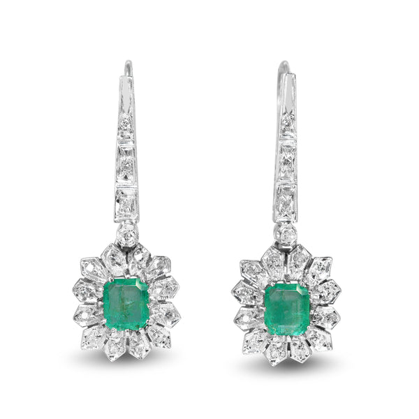 Palladium Emerald and Single Cut Diamond Earrings