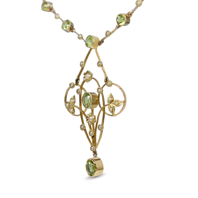 9ct Yellow Gold Victorian Antique Peridot and Seed Pearl Necklace