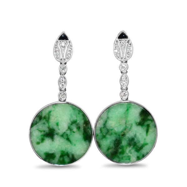 14ct White Gold Jade, Onyx and Diamond Earrings