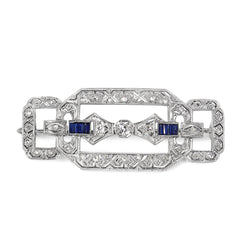 Platinum Art Deco Sapphire and Old + Rose Cut Diamond Brooch