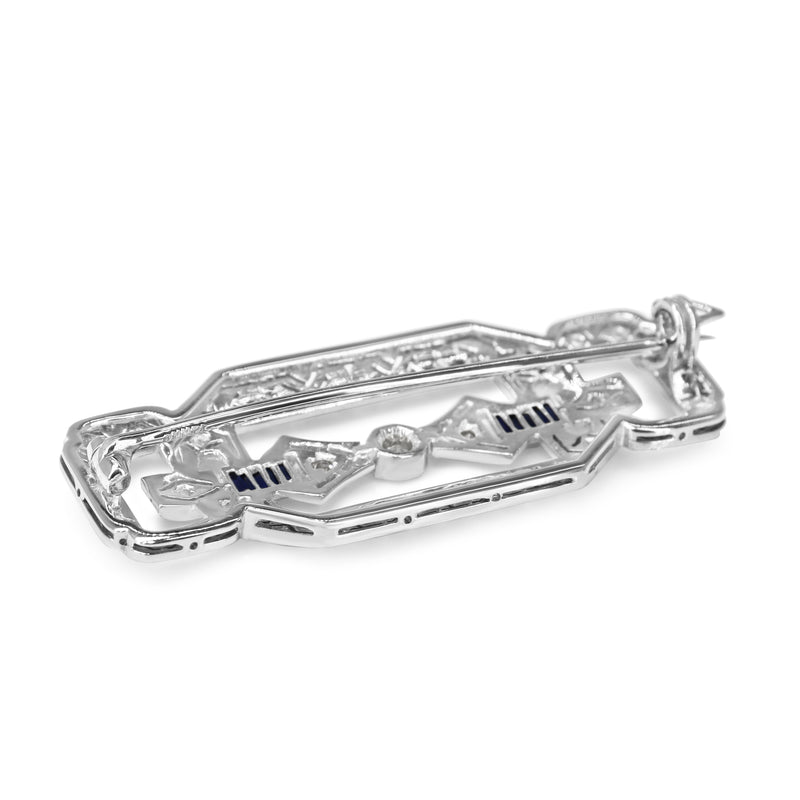 Platinum Art Deco Sapphire and Old + Rose Cut Diamond Brooch