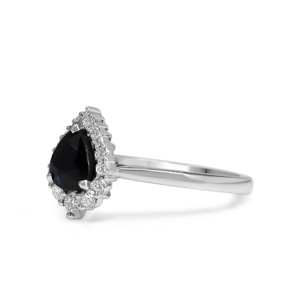 18ct White Gold Pear Sapphire Halo Ring