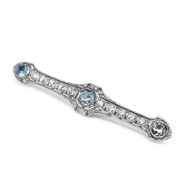 Platinum Art Deco Aquamarine and Old Cut Diamond Brooch