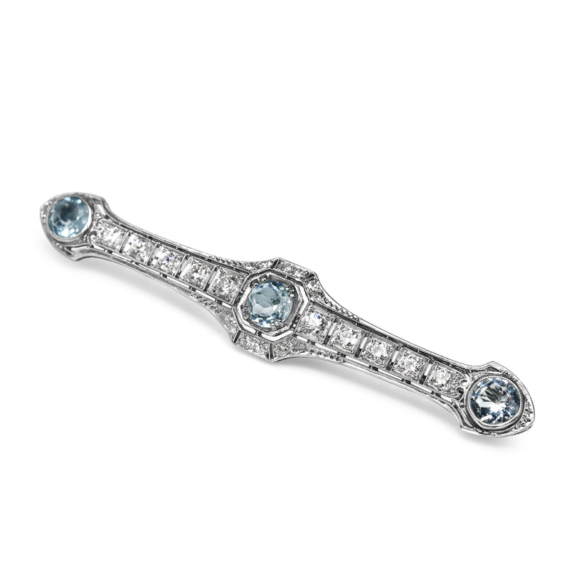 Platinum Art Deco Aquamarine and Old Cut Diamond Brooch