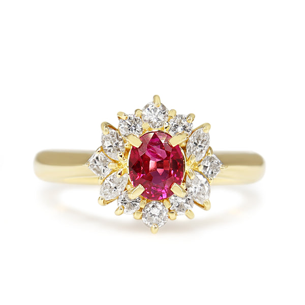 18ct Yellow Gold Ruby and Diamond Cluster Ring