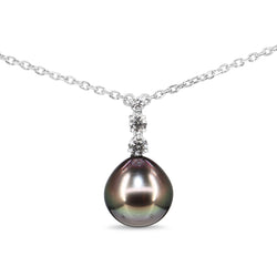 18ct White Gold 12mm Tahitian Pearl and Diamond Drop Necklace