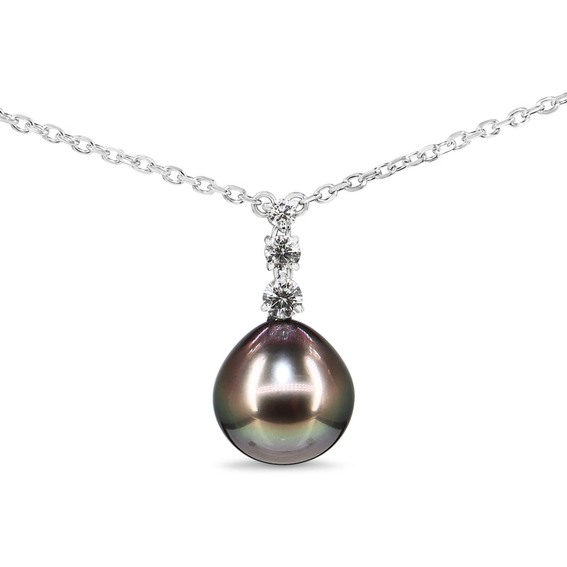 18ct White Gold 12mm Tahitian Pearl and Diamond Drop Necklace