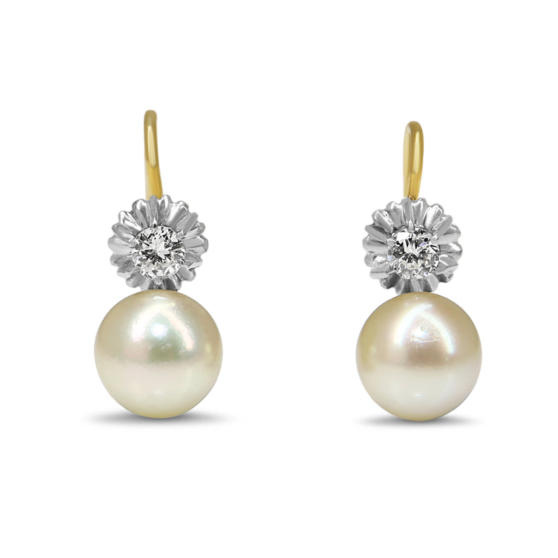 18ct Yellow and White Gold Antique Cultured Pearl and Old Cut Diamond Earrings