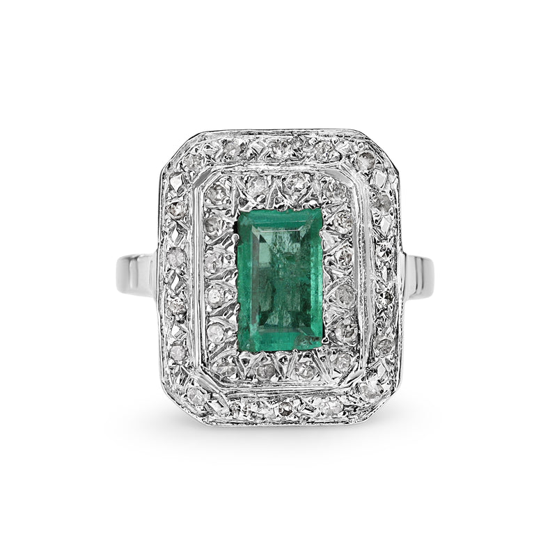 Palladium Emerald and Single Cut Diamond Double Halo Vintage Ring