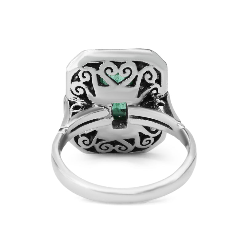 Palladium Emerald and Single Cut Diamond Double Halo Vintage Ring