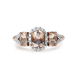 9ct Rose Gold 3 Stone Morganite and Diamond Halo Ring