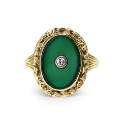 14ct Yellow Gold Vintage Jade and Diamond Etched Ring