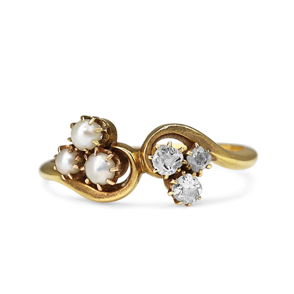 18ct Yellow Gold Antique Seed Pearl and Old Cut Diamond Ring