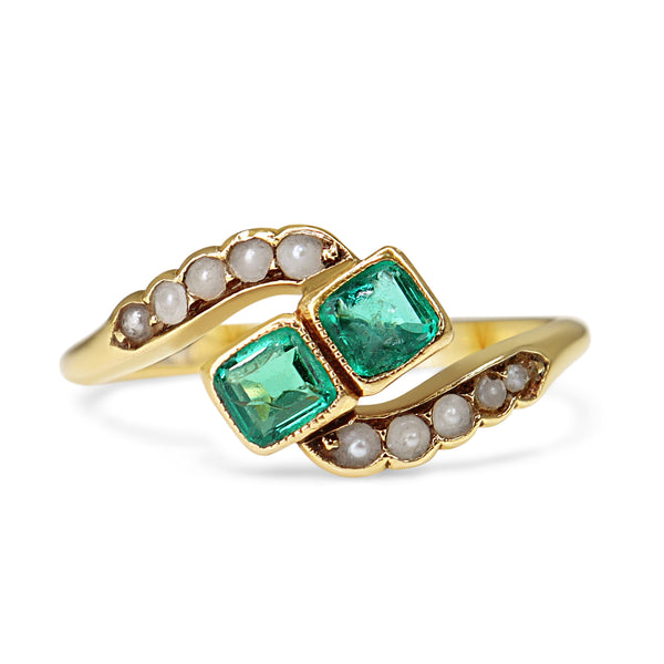 18ct Yellow Gold Emerald and Seed Pearl Antique Ring
