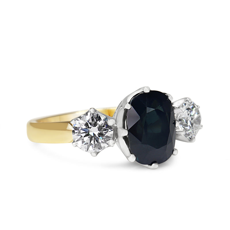 18ct Yellow and White Gold Sapphire and Diamond Antique Style 3 Stone Ring