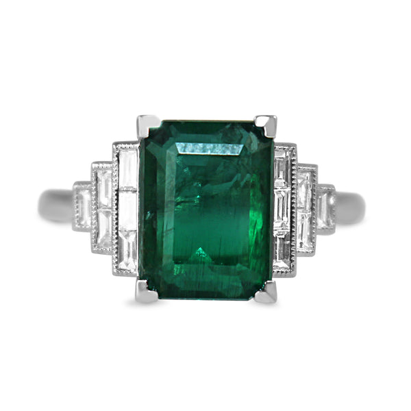 18ct White Gold Emerald and Diamond Deco Style Ring