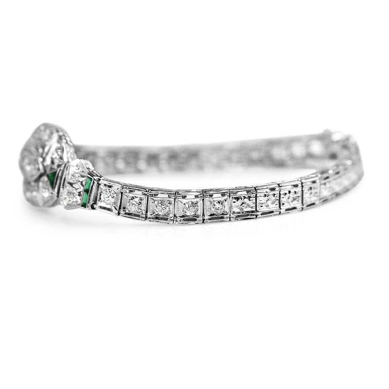 18ct White Gold and Platinum Art Deco Emerald and Diamond Bracelet