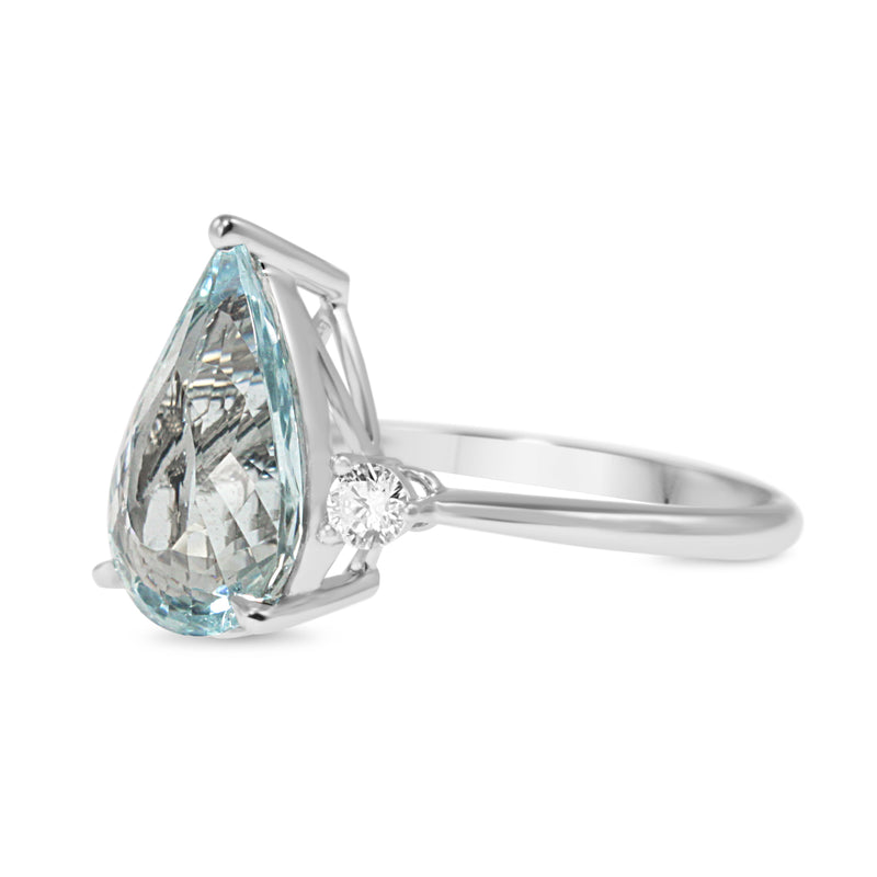 18ct White Gold Pear Aquamarine and Diamond 3 Stone Ring