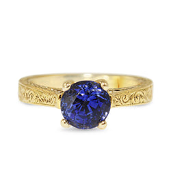 18ct Yellow Gold Engraved Sapphire Solitaire Ring