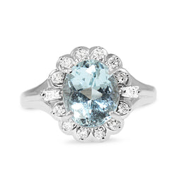 Platinum Vintage Aquamarine and Diamond Cluster Ring