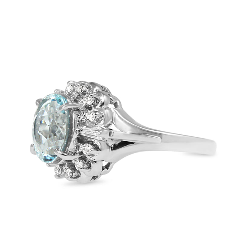 Platinum Vintage Aquamarine and Diamond Cluster Ring