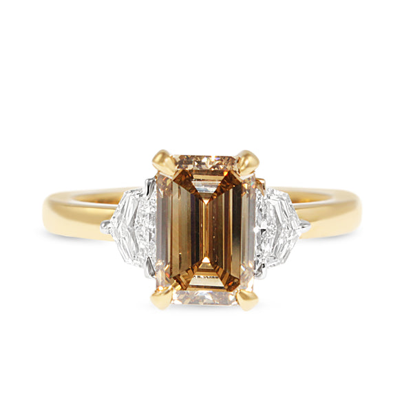 18ct Yellow and White Gold Champagne and Cadi Cut 3 Stone Diamond Ring