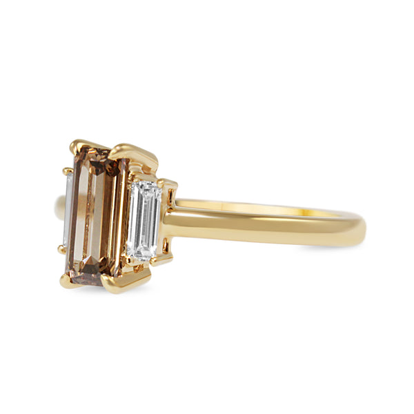 18ct Yellow Gold Champagne 3 Stone Baguette Diamond Ring