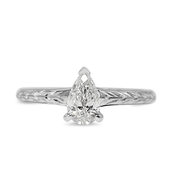 18ct White Gold Etched Pear Diamond Solitaire Ring