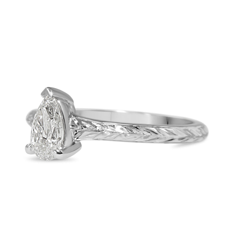 18ct White Gold Etched Pear Diamond Solitaire Ring