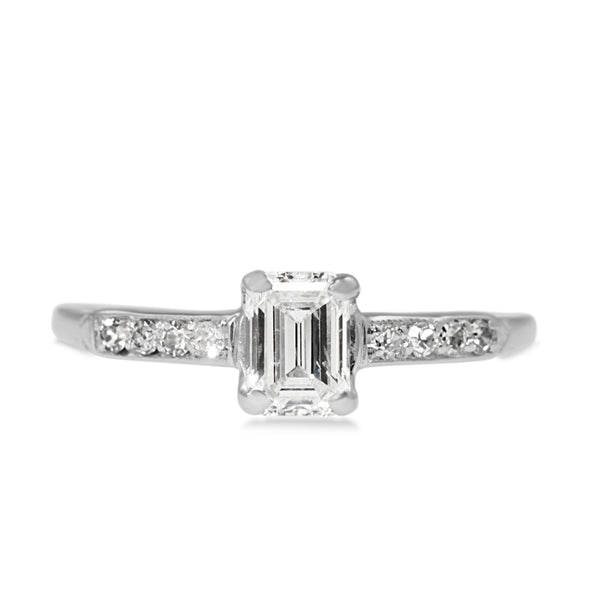Platinum Vintage Emerald and Single Cut Diamond Ring