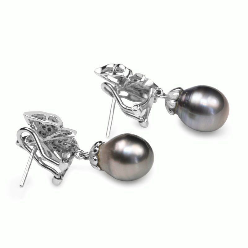 14ct White Gold 10.5mm Tahitian Pearl and Diamond Bow Earrings