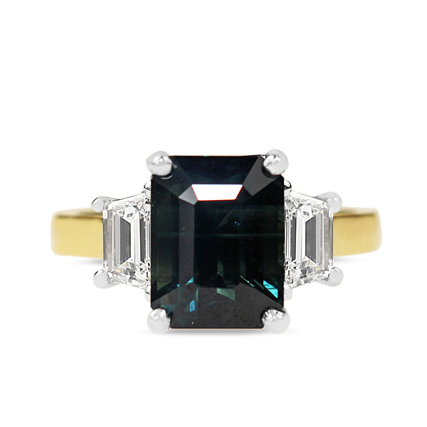 18ct Yellow and White Gold Teal/Parti Sapphire and Tapered Baguette Diamond 3 Stone Ring