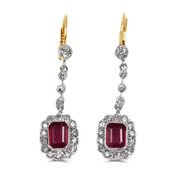 18ct Yellow and White Gold Antique Ruby and Old / Single Cut Diamonds Drop Earrings
