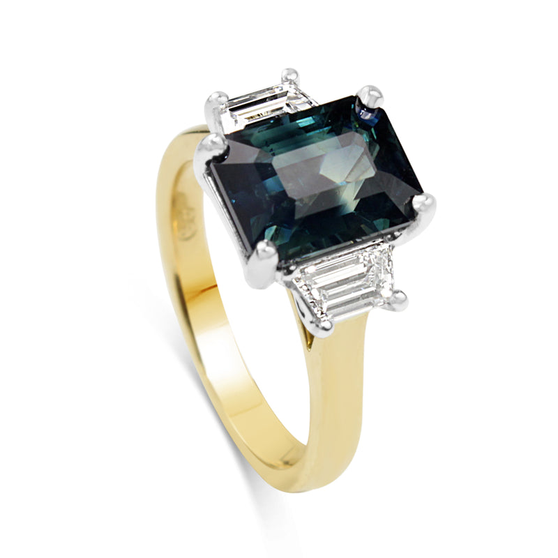 18ct Yellow and White Gold Teal/Parti Sapphire and Tapered Baguette Diamond 3 Stone Ring