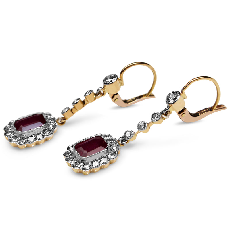 18ct Yellow and White Gold Antique Ruby and Old / Single Cut Diamonds Drop Earrings