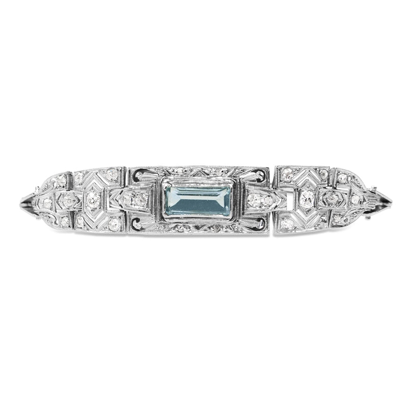 Platinum Art Deco Aquamarine and Old Cut Diamond Bracelet