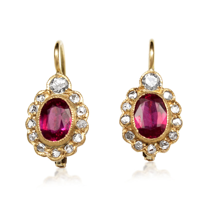 18ct Yellow Gold Antique Ruby and Diamond Drop Earrings BURLINGTON