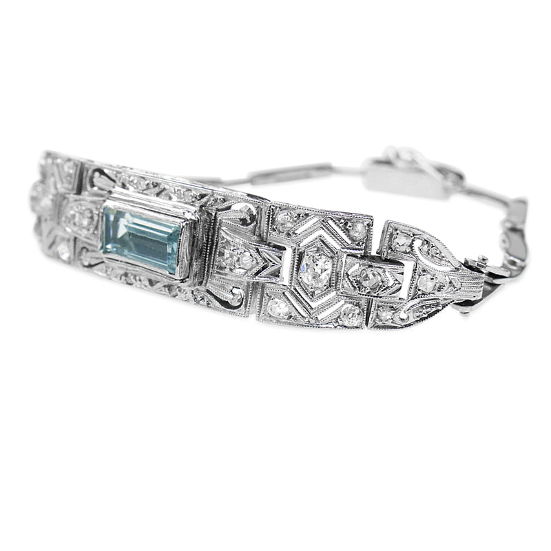 Platinum Art Deco Aquamarine and Old Cut Diamond Bracelet