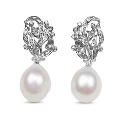 Palladium Vintage Single Cut Diamond Earrings with 13mm Fresh Water Pearls