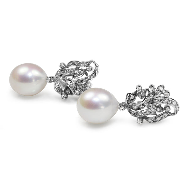 Palladium Vintage Single Cut Diamond Earrings with 13mm Fresh Water Pearls