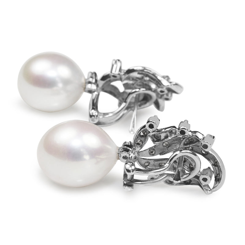 Palladium Vintage Single Cut Diamond Earrings with 13mm Fresh Water Pearls