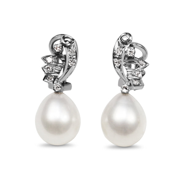 Palladium Vintage 11mm Fresh Water Pearl and Single Cut Diamond Earrings