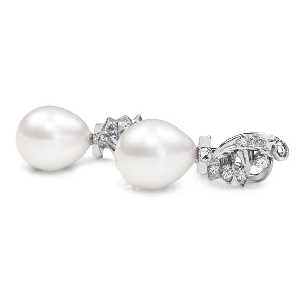 Palladium Vintage 11mm Fresh Water Pearl and Single Cut Diamond Earrings