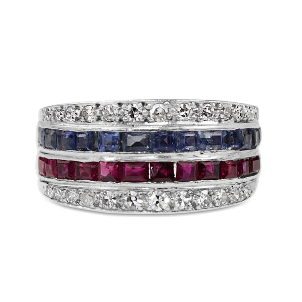 18ct White Gold 1940's Sapphire, Ruby and Single Cut Diamond Band Ring