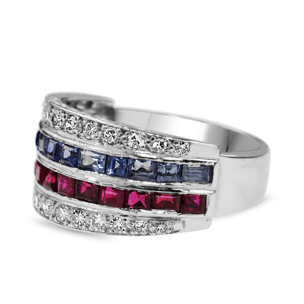 18ct White Gold 1940's Sapphire, Ruby and Single Cut Diamond Band Ring