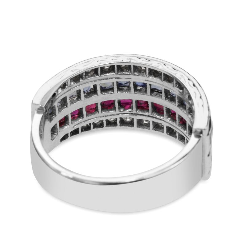 18ct White Gold 1940's Sapphire, Ruby and Single Cut Diamond Band Ring