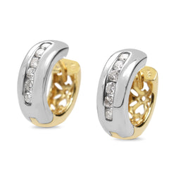 14ct Yellow and White Gold Channel Set Diamond Hoop Earrings